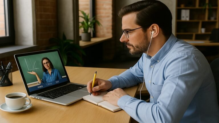 Estudante concentrado com fones de ouvido, anotando conteúdos enquanto assiste a uma aula no notebook
