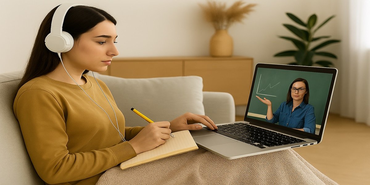 Pessoa em um ambiente externo, concentrada em aprender com o notebook durante o intervalo do trabalho