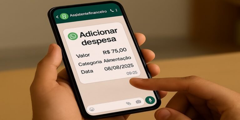 Celular exibindo tela de aplicativo para registrar gasto com alimentação