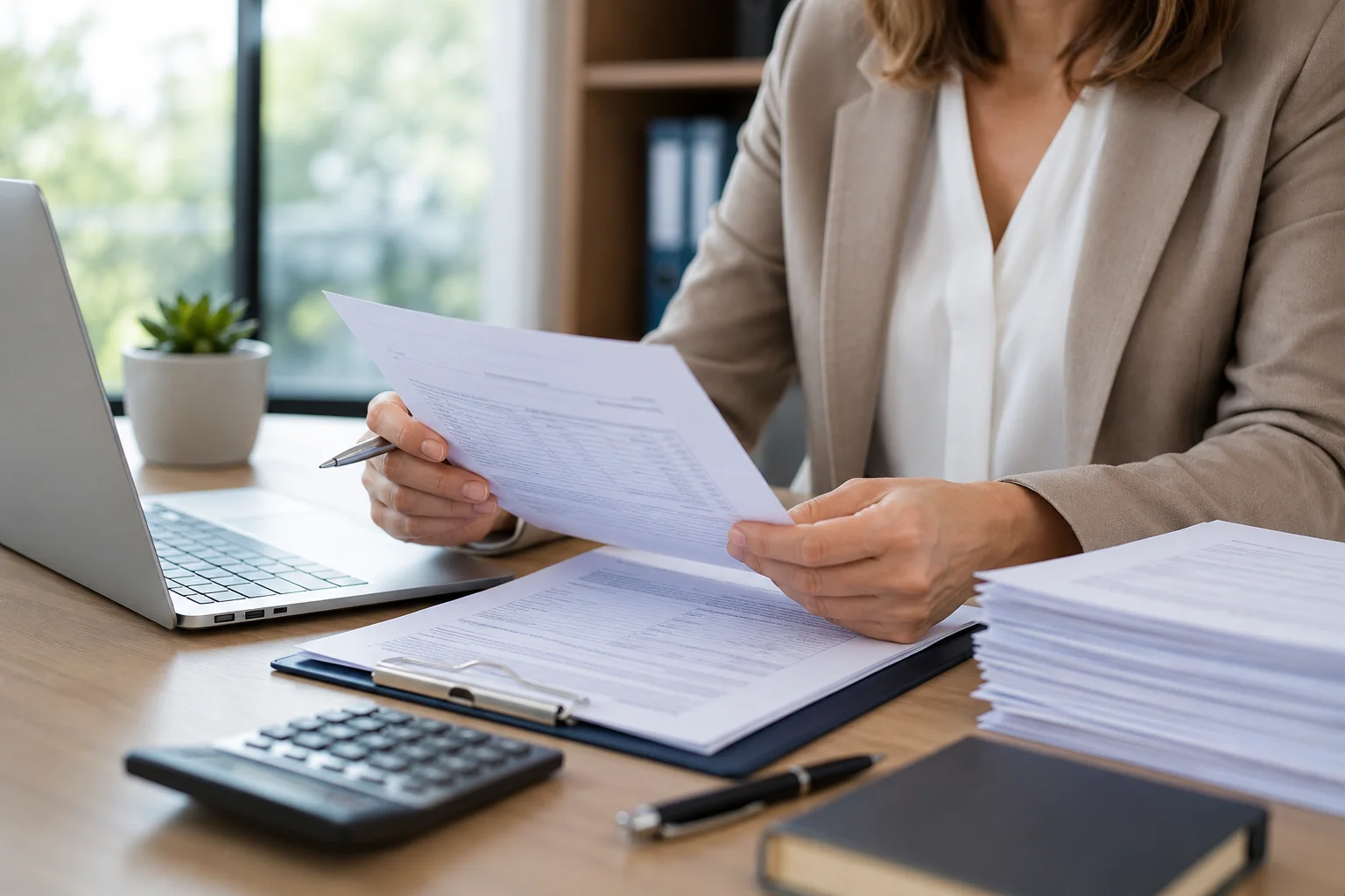 Servidora pública analisando uma Certidão de Tempo de Contribuição (CTC) e documentos previdenciários em escritório moderno, representando o planejamento da aposentadoria e os cuidados necessários antes da averbação de períodos de contribuição.