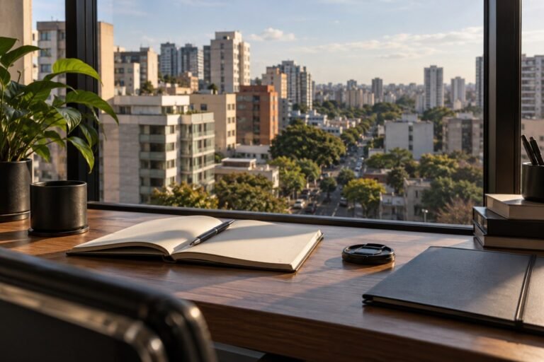 Caderno de planejamento em escritório com vista para a cidade; imagem ilustrativa de investigação particular